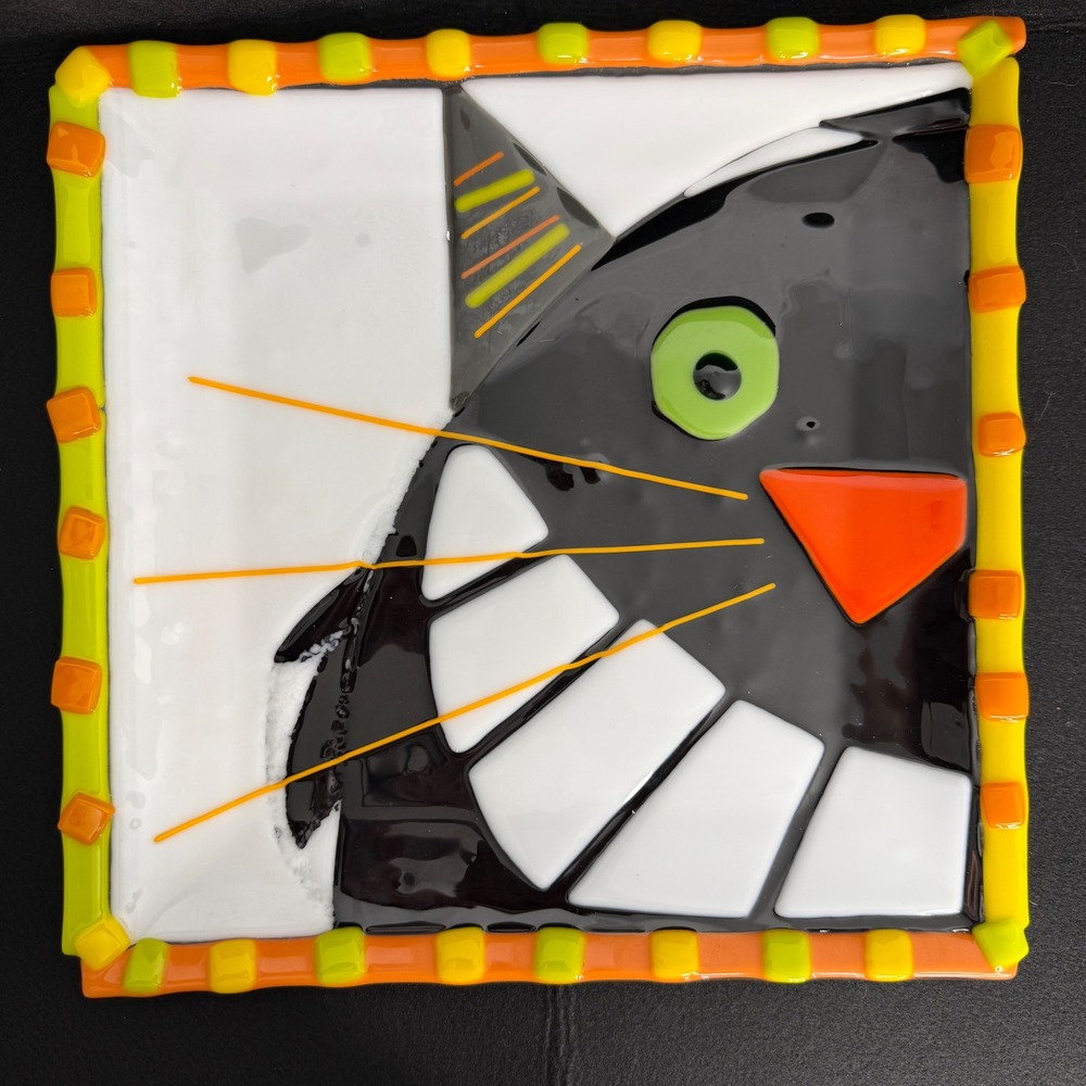 Halloween Glass Square Plate Black Cat Orange Yellow Fused Glass Party Plate
